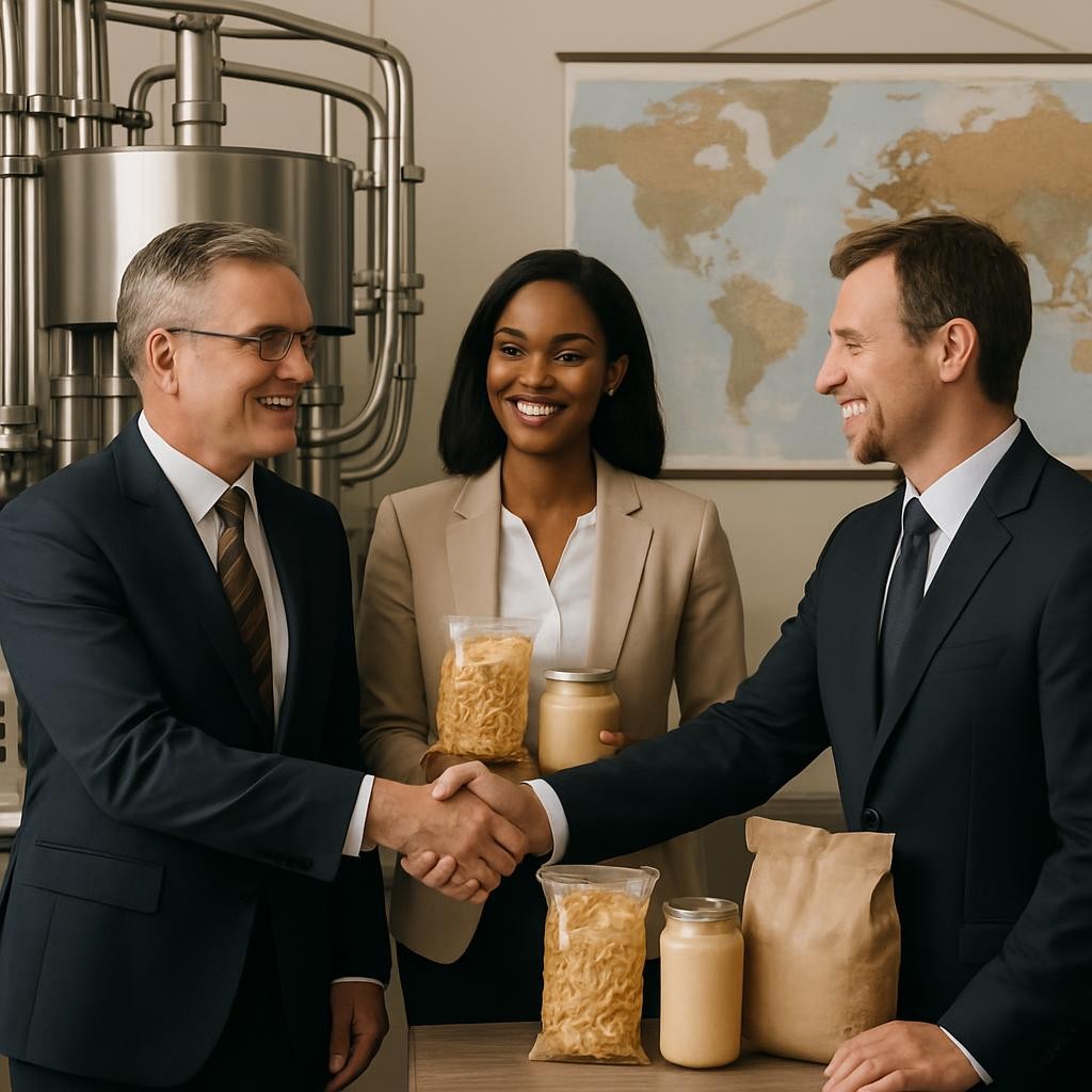A professional image representing international food and machinery trade, with people in a business or trading context, food products (but no milk bottles), and industrial equipment. The setting suggests global connection and trusted partnership.