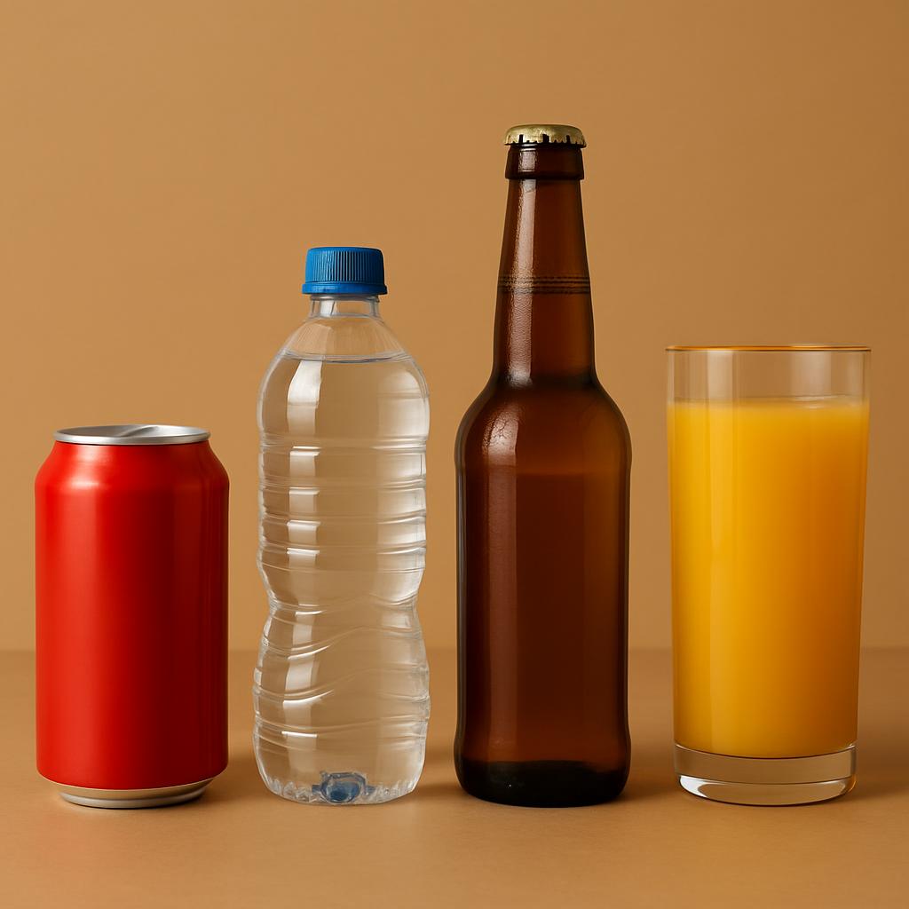 Four beverages against baked clay backdrop: red soda can, clear bottled water, amber beer bottle, and orange juice in a gl...