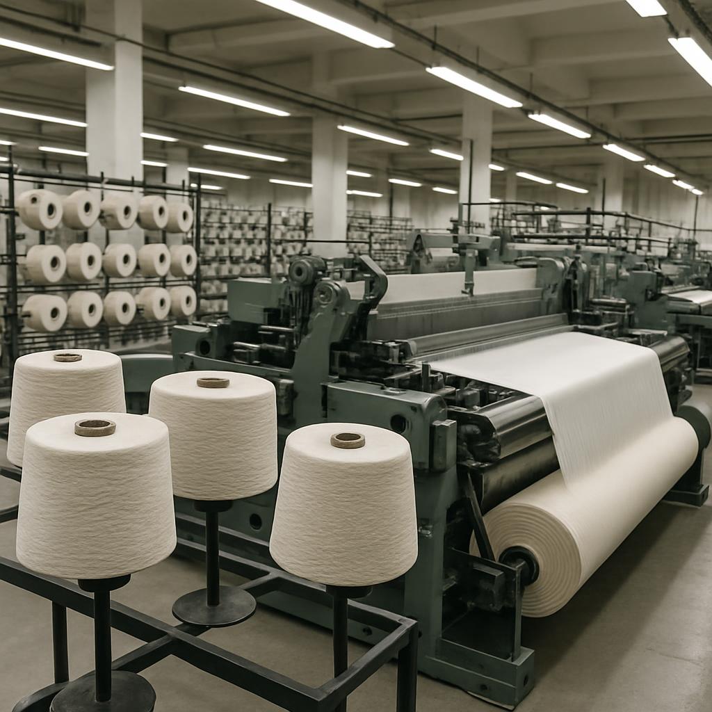 Text below this line should be used as caption and not as alt text. large spinning room with skeins of white fiber or text...