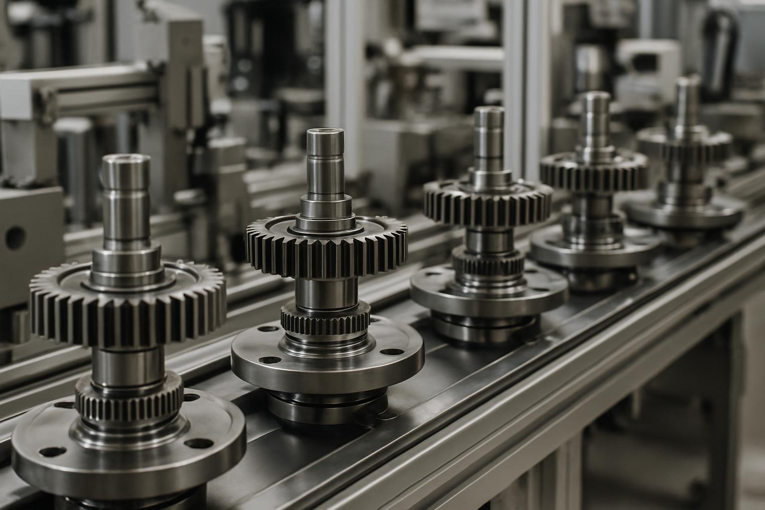 The image features a row of metal gears on a factory conveyor belt. They comprise a large gearbox, a shaft, and a gear, se...