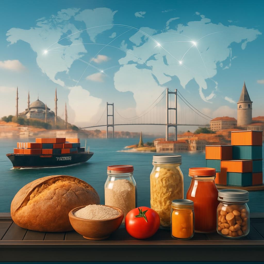 Istanbul cityscape in the background, highlighting elements related to international food trading and global connections. Exclude milk bottles. Include other food items for visual variety, showcasing global trade connections.