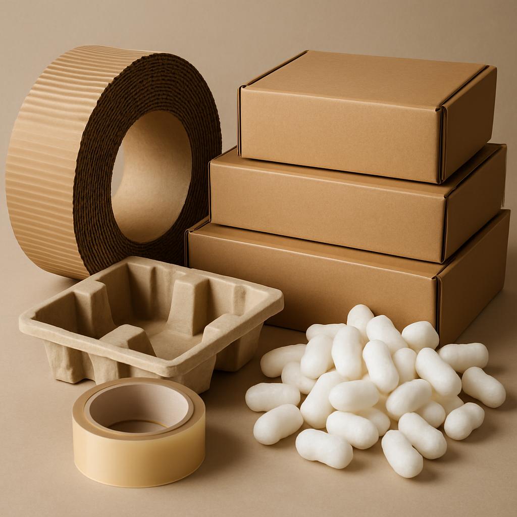 A selection of packaging materials, including corrugated cardboard, plastic peanuts, and paper fill wrap.